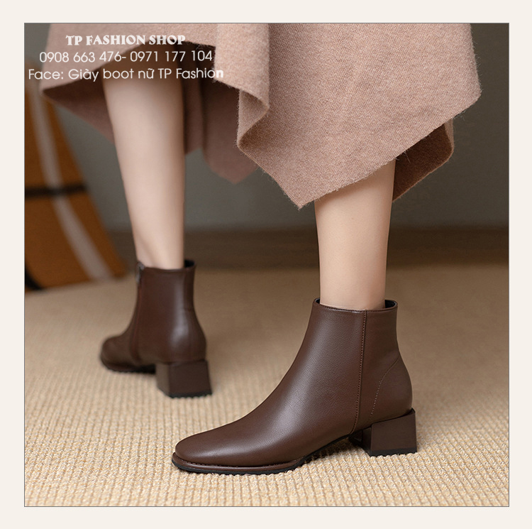 Giày boot nữ cổ ngắn màu NÂU đế thấp 4cm MŨI VUÔNG đơn giản GBN02C