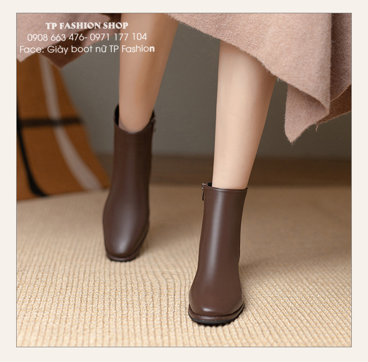Giày boot nữ cổ ngắn màu NÂU đế thấp 4cm MŨI VUÔNG đơn giản GBN02C