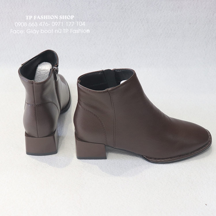 Giày boot nữ cổ ngắn màu NÂU đế thấp 4cm MŨI VUÔNG đơn giản GBN02C	