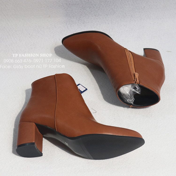 Giày boot nữ cổ ngắn MÀU NÂU gót vuông 6cm mũi nhọn ĐƠN GIẢN GBN125C