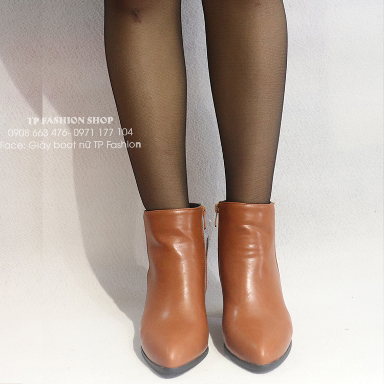Giày boot nữ cổ ngắn MÀU NÂU gót vuông 6cm mũi nhọn ĐƠN GIẢN GBN125C