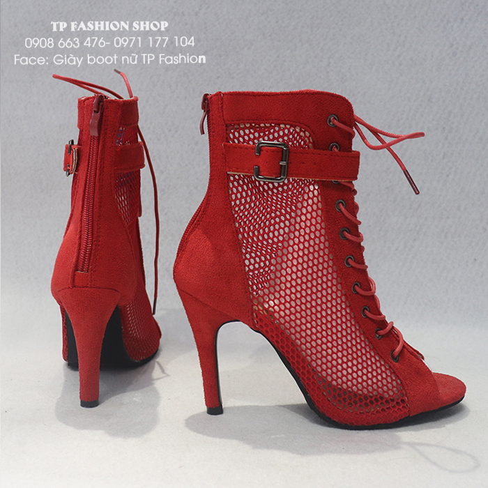Giày boot lưới nữ cổ ngắn CỘT DÂY ôm chân màu ĐỎ gót nhọn 10cm GBN129C