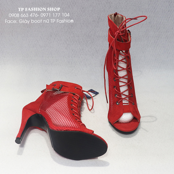 Giày boot lưới nữ cổ ngắn CỘT DÂY ôm chân màu ĐỎ gót nhọn 10cm GBN129C