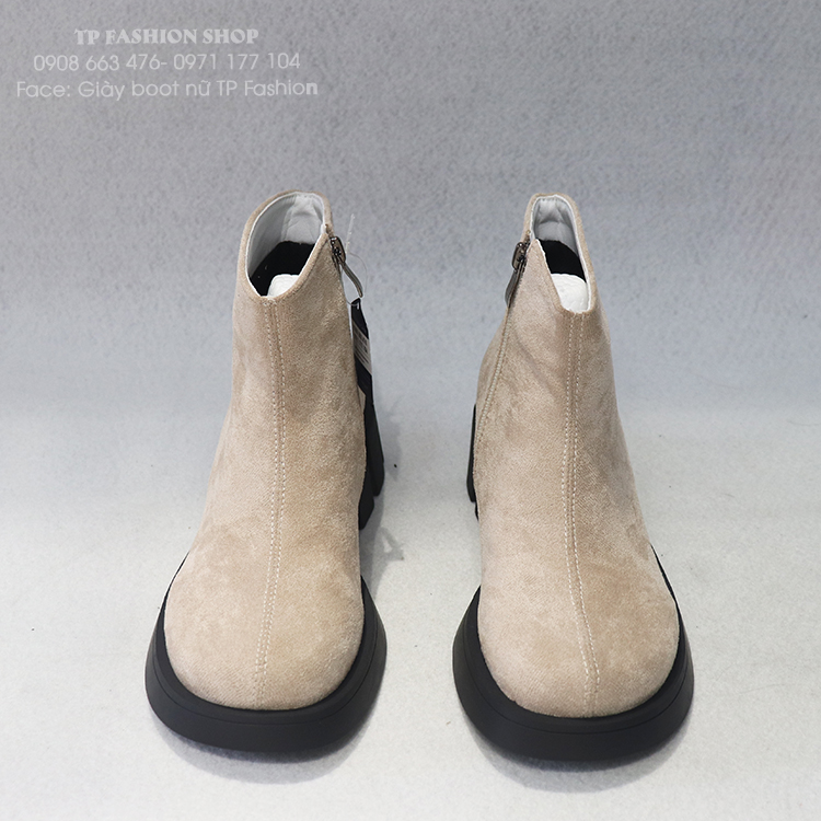 Giày boot nữ cổ ngắn DA LỘN màu KEM êm chân, đế bảng cao 4.5cm ĐƠN GIẢN thoải mái đi bộ GBN19B