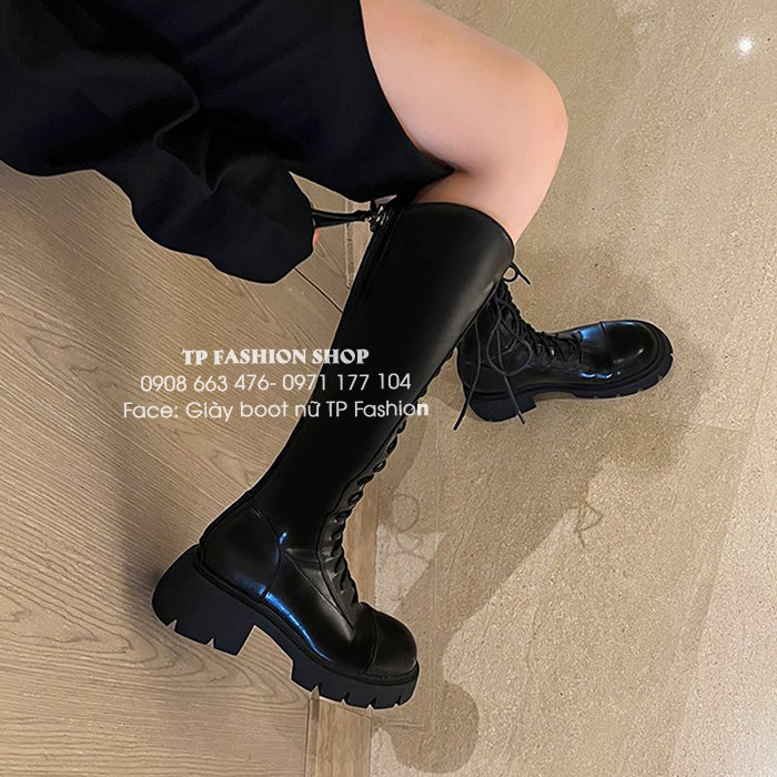Giày boot nữ cao dưới gối CỘT DÂY ÔM CHÂN, ĐẾ THẤP 5cm cổ xẻ chữ V cho style CÁ TÍNH GCC10A