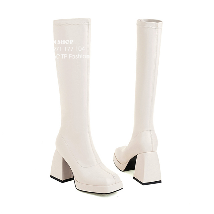 Giày boot nữ ống cao dưới gối MŨI VUÔNG màu trắng đơn giản KHÔNG DÂY KÉO gót vuông hình CONG độc đáo GCC11B