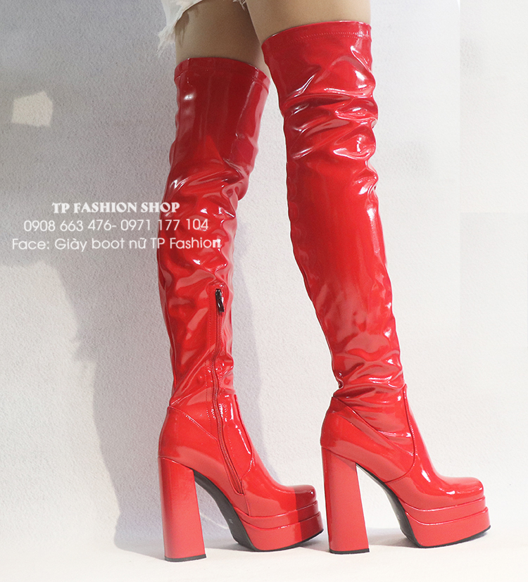 Giày boot đùi nữ gót vuông cao 14cm DA BÓNG, CHẮC CHẮN, ÔM CHÂN màu đỏ GCC131C