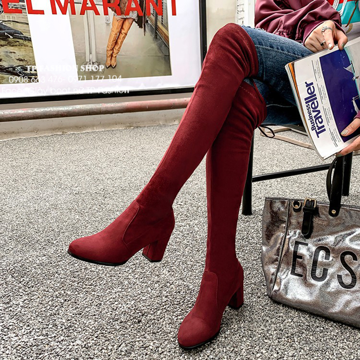 Giày boot nữ ống cao NGANG ĐÙI màu ĐỎ ĐÔ chất da lộn mềm, gót vuông 7cm GCC1902