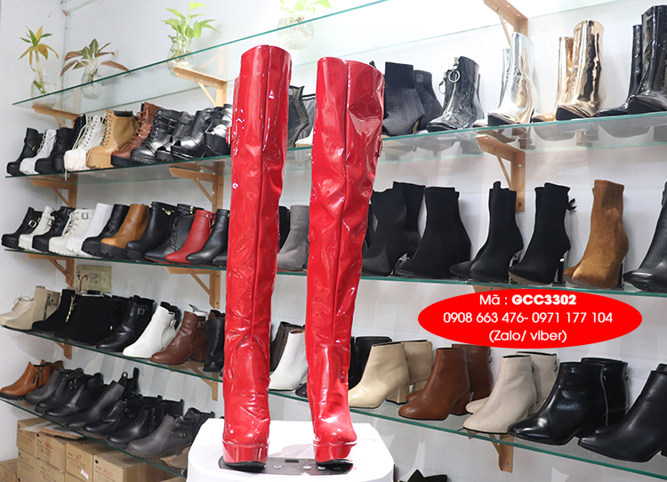 Giày boot nữ cổ cao da bóng đỏ quyến rũ GCC3302
