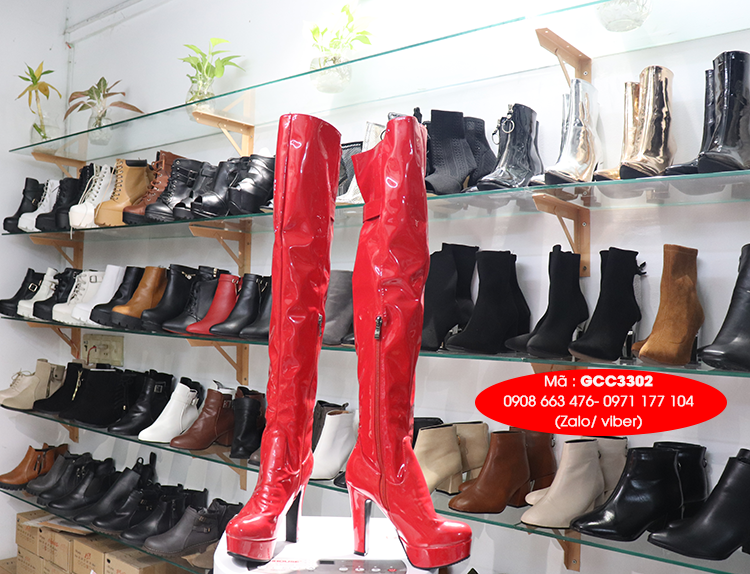 Giày boot nữ cổ cao da bóng đỏ quyến rũ GCC3302