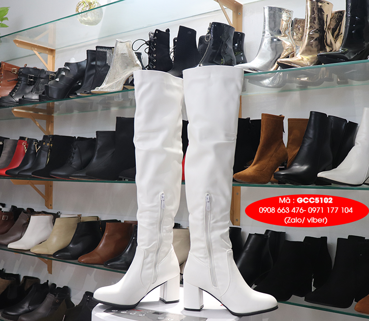 Boot đùi màu trắng gót vuông đế 7cm SÀNH ĐIỆU GCC5102