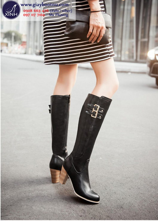 Giày boot nữ dưới gối màu đen cao 7cm đế vuông dễ dàng di chuyển GBN10402