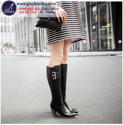 Giày boot nữ dưới gối màu đen cao 7cm đế vuông dễ dàng di chuyển GBN10402