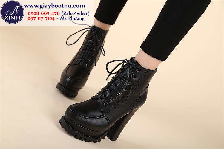 Giày boot nữ đế vuông cột dây sành điệu cao 13cm GBN15601