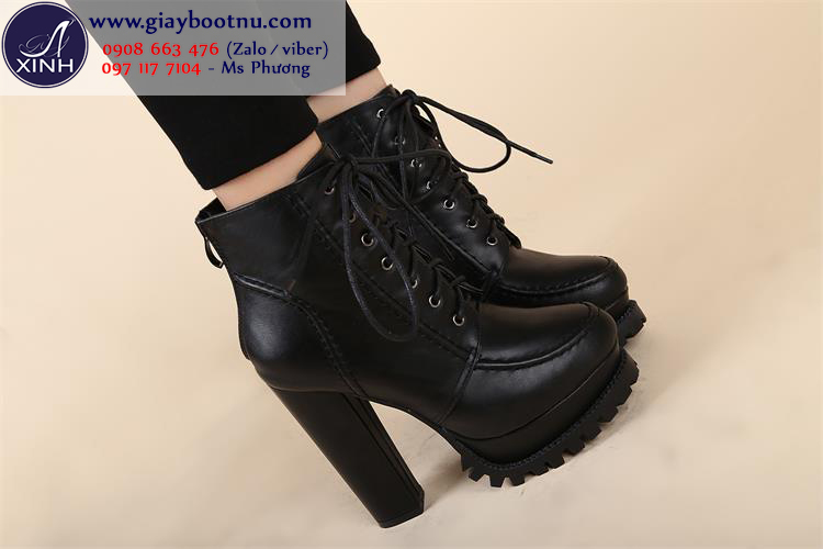 Giày boot nữ đế vuông cột dây sành điệu cao 13cm GBN15601