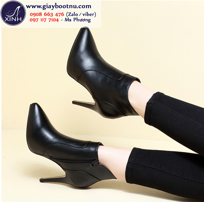 Giày bốt nữ cao gót đơn giản màu đen da PU form giày cực ôm chân thích hợp cho cả đi làm và dự tiệc