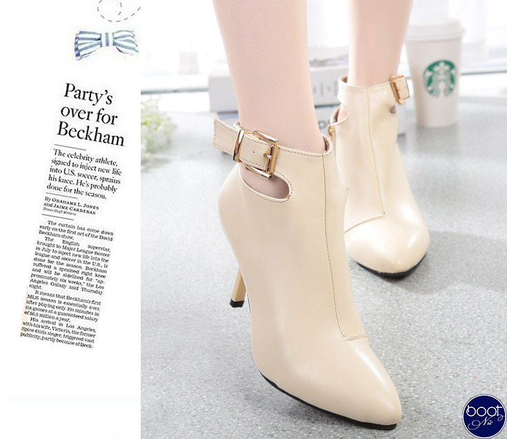 Giày boot nữ cao gót phong cách Hàn Quốc màu trắng sữa GBN3701