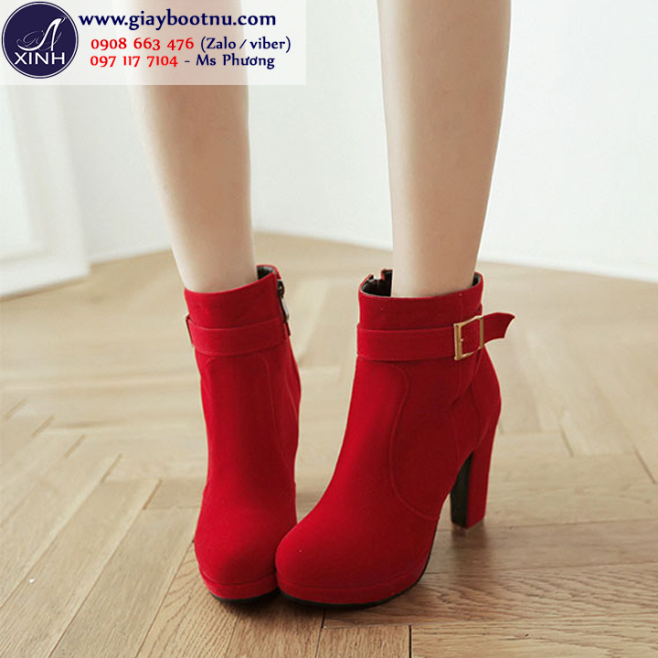 Giày boot nữ cổ ngắn màu đỏ nhung trẻ trung quyến rũ GBN8302