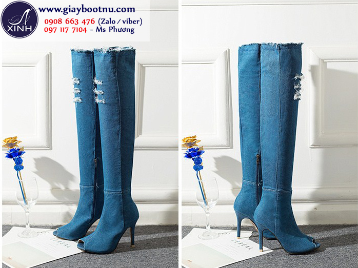 Giày boot nữ cổ cao ngang đùi jeans nhạt sành điệu GCC1602