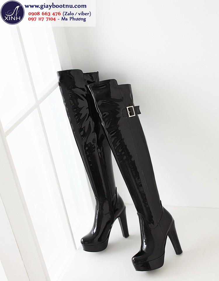 Giày boot nữ ống cao da bóng đen sành điệu GCC3301