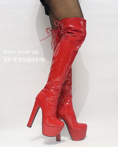 Giày boot đùi cao gót 17cm màu đỏ da bóng TÔN DÁNG GCC12203