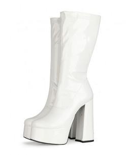 Giày boot cổ cao tới bắp chân ĐƠN GIẢN gót vuông 12cm DA BÓNG màu trắng GCC52B