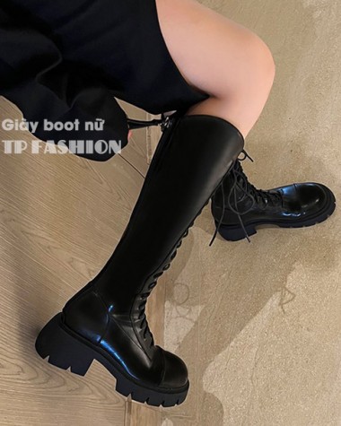 Giày boot nữ cao dưới gối CỘT DÂY ÔM CHÂN, ĐẾ THẤP 5cm cổ xẻ chữ V cho style CÁ TÍNH GCC10A