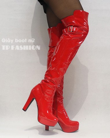 Giày boot nữ cổ cao QUA GỐI cao gót 12cm da bóng đỏ quyến rũ GCC3302