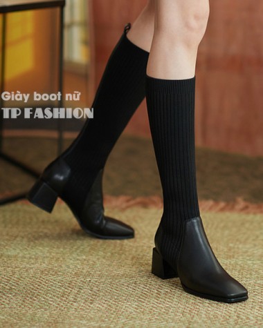 Giày boot nữ cổ cao dưới gối MŨI VUÔNG, đế thấp, chất LEN kết hợp DA PU ÔM CHÂN style cổ điển GCC07A