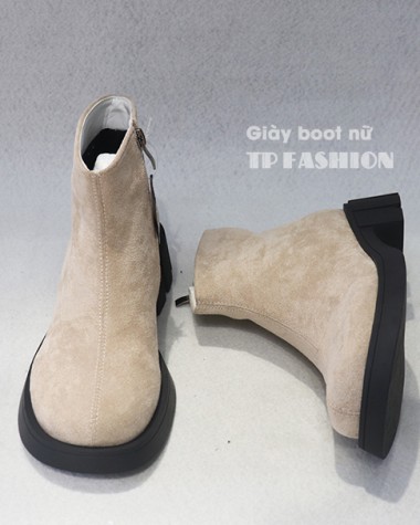 Giày boot nữ cổ ngắn DA LỘN màu KEM êm chân, đế bảng cao 4.5cm ĐƠN GIẢN thoải mái đi bộ GBN19B