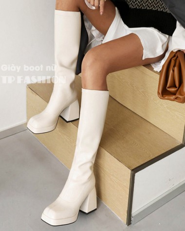 Giày boot nữ ống cao dưới gối MŨI VUÔNG màu trắng đơn giản KHÔNG DÂY KÉO gót vuông hình CONG độc đáo GCC11B