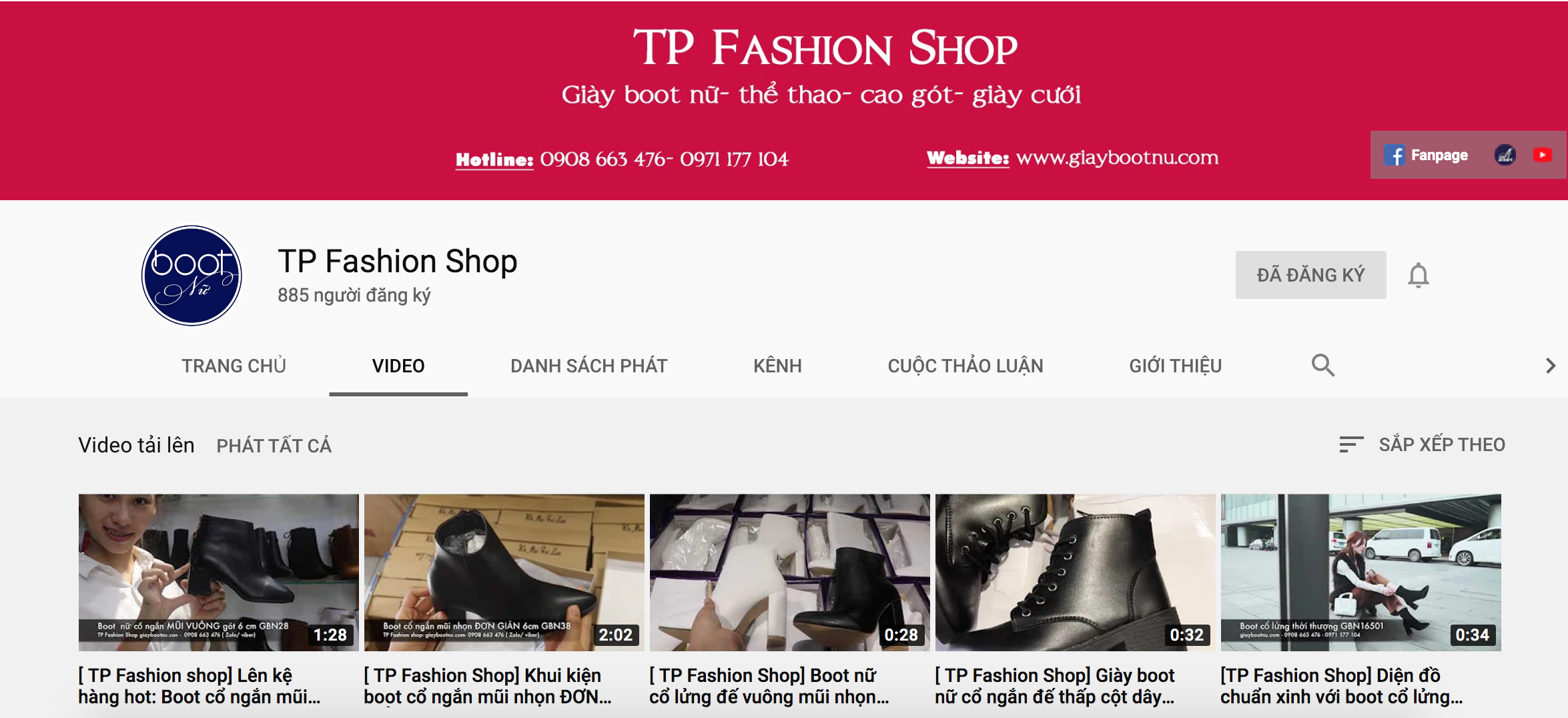 Kênh youtube của shop giày boot nữ TP Fashion Shop