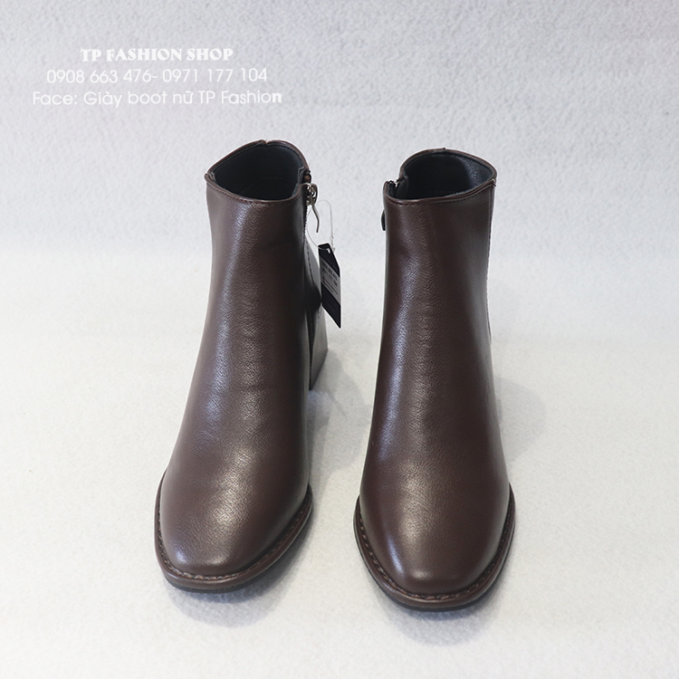 Giày boot nữ cổ ngắn màu NÂU đế thấp 4cm MŨI VUÔNG đơn giản GBN02C	