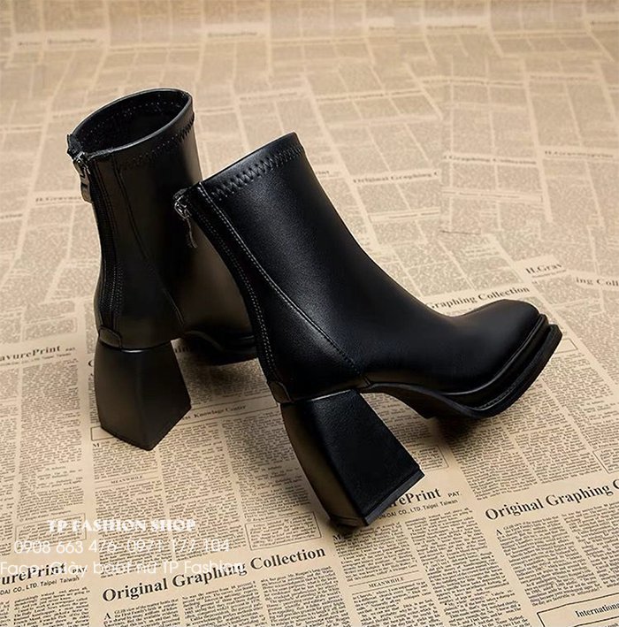 Giày boot nữ MẪU MỚI gót trụ hình cong độc đáo, mũi vuông cao 8.5cm THỜI TRANG GBN12