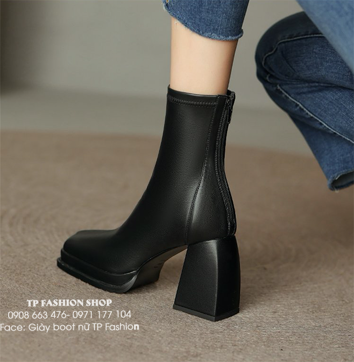 Giày boot nữ MẪU MỚI gót trụ hình cong độc đáo, mũi vuông cao 8.5cm THỜI TRANG GBN12