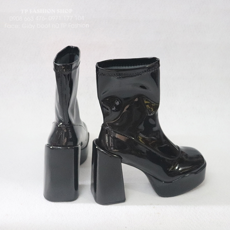 Giày boot nữ cổ lửng gót vuông 12cm chất DA BÓNG sang chảnh, thiết kế đơn giản KHÔNG DÂY KÉO GBN15