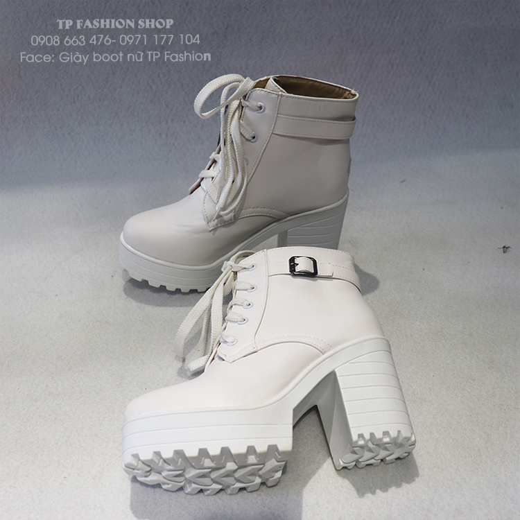 Giày boot nữ cột dây cổ ngắn màu trắng đế to cao 9cm cho style cá tính GBN16302