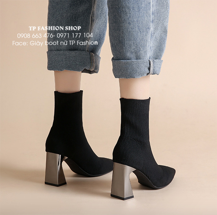 Giày boot len nữ cổ ngắn ÔM CHÂN mũi nhọn, gót vuông TRÁNG GƯƠNG cao 8cm GBN18