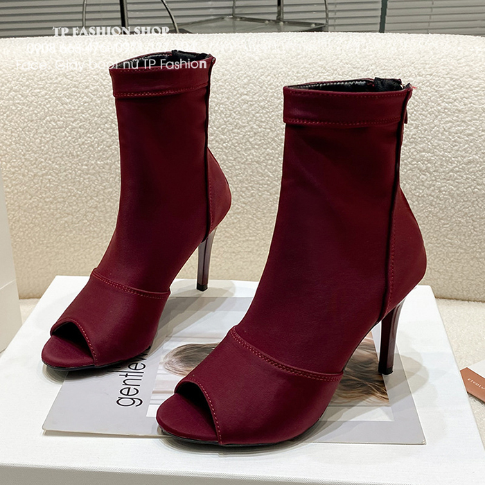 Giày boot nữ hở mũi chất vải co giãn ÔM CHÂN gót nhọn cao 9.5CM màu đỏ rượu GBN21D