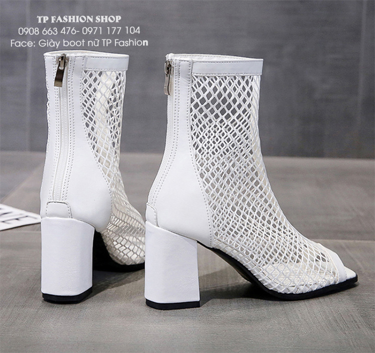 Giày boot lưới nữ màu trắng gót vuông 8cm ĐƠN GIẢN- mang NHẸ CHÂN thoải mái đi bộ GBN22B
