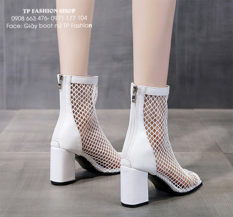 Giày boot lưới nữ màu trắng gót vuông 8cm ĐƠN GIẢN- mang NHẸ CHÂN thoải mái đi bộ GBN22B