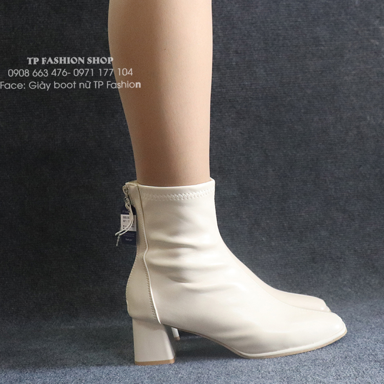 Giày boot nữ cổ lửng màu kem ĐƠN GIẢN gót vuông cao 6cm GBN2302