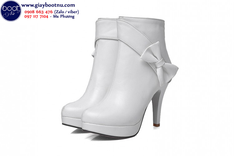 Giày boot nữ đính nơ màu trắng thanh lịch GBN4402