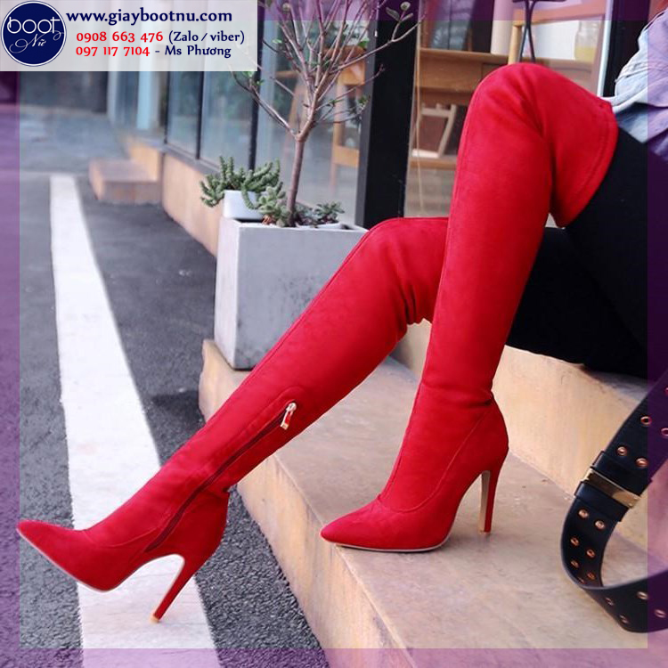Giày boot nữ da lộn ngang đùi màu đỏ THỜI THƯỢNG GCC0403