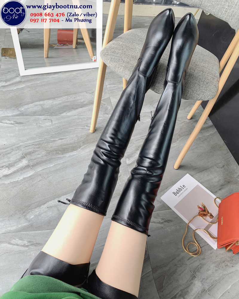 Boot nữ cổ cao gót vuông ngang đùi da bóng GCC0801 Boot nữ cổ cao gót vuông ngang đùi da bóng GCC0801
