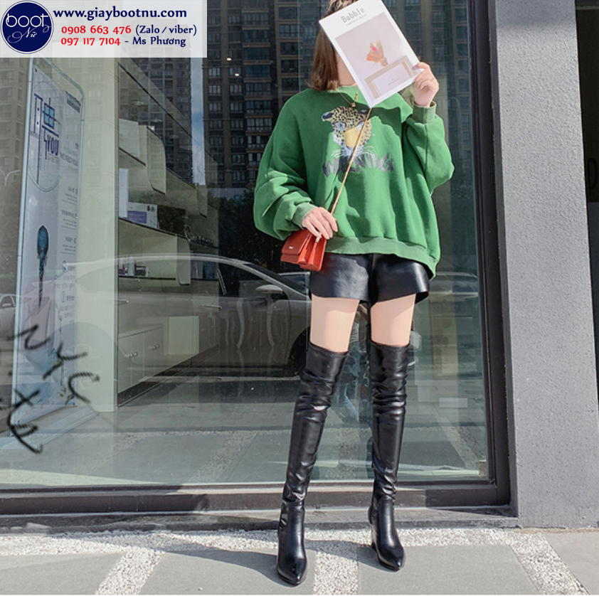 Boot nữ cổ cao gót vuông ngang đùi da bóng GCC0801 Boot nữ cổ cao gót vuông ngang đùi da bóng GCC0801