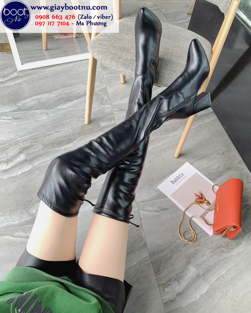 Boot nữ cổ cao gót vuông ngang đùi da bóng GCC0801 Boot nữ cổ cao gót vuông ngang đùi da bóng GCC0801