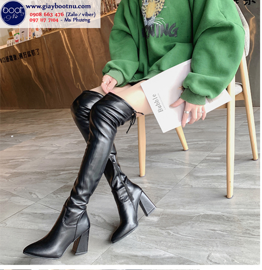 Boot nữ cổ cao gót vuông ngang đùi da bóng GCC0801 Boot nữ cổ cao gót vuông ngang đùi da bóng GCC0801