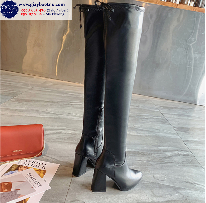 Boot nữ cổ cao gót vuông ngang đùi da bóng GCC0801 Boot nữ cổ cao gót vuông ngang đùi da bóng GCC0801