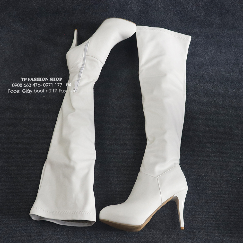 Giày boot nữ da màu trắng cổ cao GÓT NHỌN CAO 10CM trẻ trung GCC10602 Giày boot nữ da màu trắng cổ cao GÓT NHỌN CAO 10CM trẻ trung GCC10602
